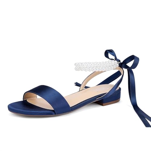 Image of Satin Wedding Flats for Bride Pearl Sandals Open Toe Bridal Shoes Flat Wedding Shoes for Bride