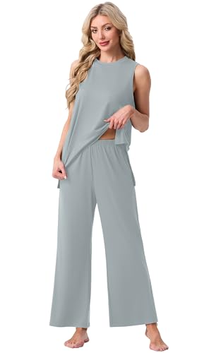Image of PrinStory Womens Pajamas Sets 2 Piece Soft Pjs for Women Sleeveless Pajama Set Summer Loungewear with Pockets