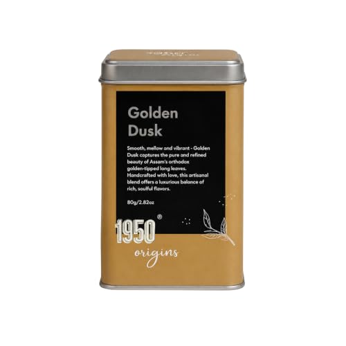 Image of 1950 Origins Golden Dusk Assam Orthodox Whole Leaf Black Tea, 80g Tin Caddy | 100% Natural Rich & smooth Chai | Premium Loose Long Leaf Black Tea | Chai Patti