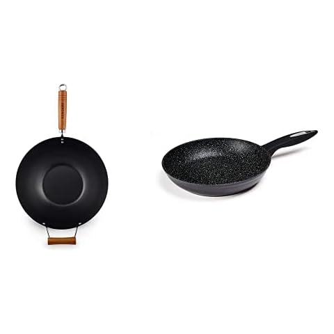 Ken Hom Classic Wok - 35 cm / 14 inches, Lightweight Carbon Steel, Non-Stick Wok with Two Wooden Handles, Hand wash only, in Black Cover