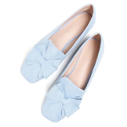 Image of WENJIAZHIZHI Square Toe Bow Ballet Slip-On | Classic Suede Finish,Chic Bow Detail,Effortless Everyday Style,Wedding Party Office,Plus Size Available