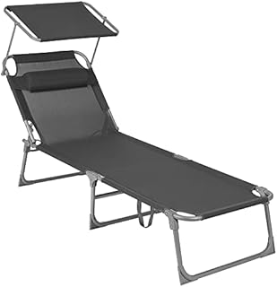 SONGMICS Sun Lounger, Sunbed, Reclining Sun Chair, with Headrest, Adjustable Backrest, Sunshade, Lightweight, Foldable, 53 x 193 x 29.5 cm, Load Capacity 150 kg, for Garden, Dark Grey GCB19UV1