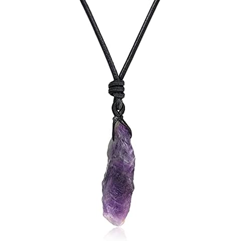 COAI Adjustable Leather Cord Raw Amethyst Crystal Quartz Pendant Necklace Cover