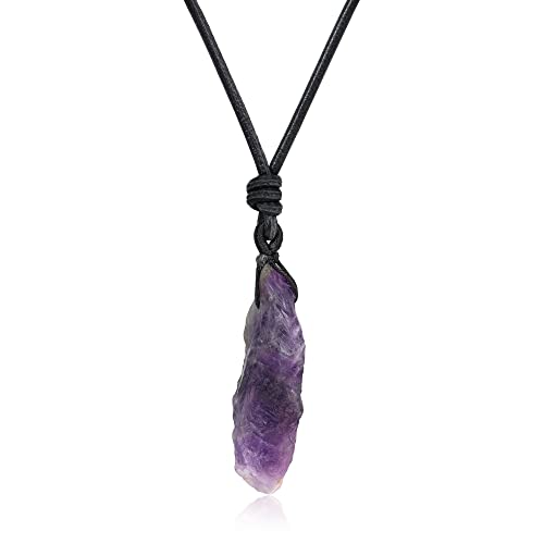 COAI Geschenkideen Damenkette mit Edelstein Anhänger aus Rohem Amethyst Unregelmäßiger Anhänger Leder Halskette Cover