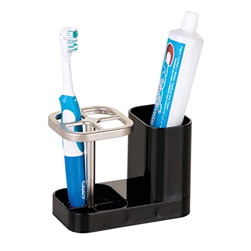 Mdesign Plastic Toothbrush Storage Organizer Holder With Cup For Bathroom, Vanity, Countertop Space - Holds Brushes, Toothpaste, Floss, Dental Accessories - Black/Matte Satin #TOP4