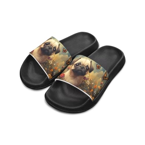 Howilath Cute Pug Print Boys Slides Summer Slippers Anti Skid Butterfly Floral Pillow Cloud Slipper Quick Dry Non-Slip Sandal for Indoor Outdoor