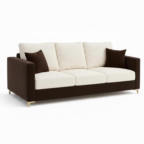 Image of Hayes Dual Tone Rich Velvet Suede 3 Seater Sofa | Golden Aesthetic Legs | Spacious Soft Touch Comfort Seating | Modern Sofa for Living Room (Dark Brown & Cream)