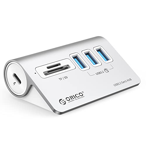 ORICO Hub USB 3.0 de alumínio com leitor de cartão SD/TF, hub USB de 3 portas de 5 Gbps com cabo USB-C de 1,64 m e adaptador USB-A divisor USB para iMac, todos os MacBooks, Mac mini