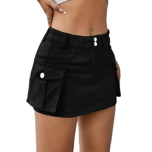 Women's Denim Cargo Skirt with Button Fly Pockets Low Waist Mini Jean Skirt for Streetwear