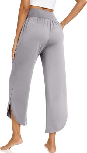 Image of TARSE Women's Wide Leg Yoga Pants Cross High Waist Flowy Split with Pockets | Comfy Lightweight Stretch, Flare Hem Cropped, Loose Dance Pants, Travel & Lounge, Everyday Casual Wear