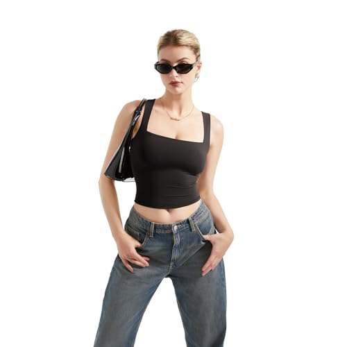 SUUKSESS Women Double Lined Square Neck Crop Tank Top Sleeveless Basic Y2k Tops3