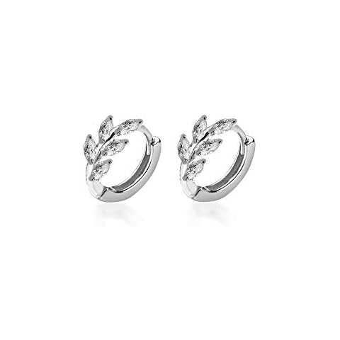 CZ Leaf Cartilage Huggie Small Hoop Earrings for Women Girls 925 Sterling Silver Cubic Zirconia Cluster Leaves Round Studs Tragus Pierced Ear Endless Hoops 8mm, Metal, Cubic Zirconia Cover