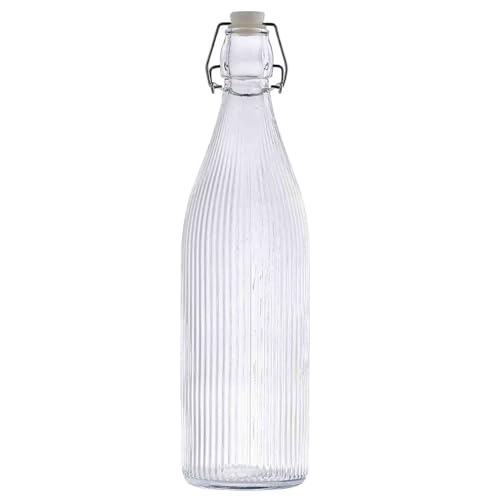 TableCraft 12976 Resealable Carafe, 34 oz Clear Glass Beverage Carafe with Fluted Design, Leak-Resistant Stopper, Slim Profile for Tabletop Beverage Dispensing