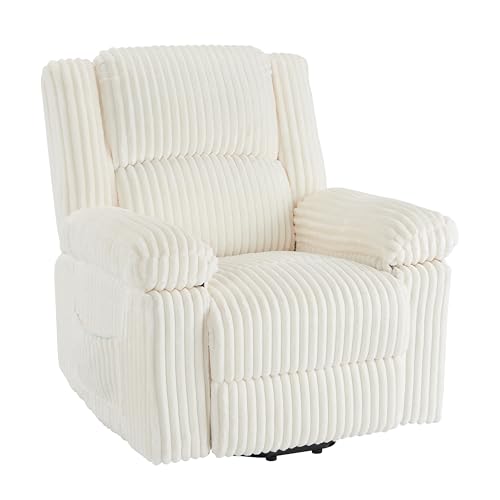 Image of Garvee Corduroy Recliner Chair, Manual Recliner Sofa with Handle, Pillow Top Arms, Thick Padding, Side Pocket, 330Lbs Capacity, Adjustable Recliner for Living Room, Bedroom, Home Theater, White