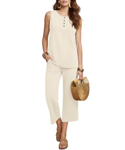 YSYOKOW Two Piece Sets for Women Summer Sleeveless Tank Top and Capri Pants Lounge Set Casual Travel Outfit with Pockets(Beige Small)