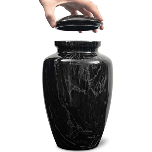 Image of Black Marble Finish Cremation Urn Set for Human Ashes Adult | 6 Piece Funeral Memorial Urns Include 1 Large Urn, 4 Small Sharing Urns & 1 Ashes Necklace for Dad Mom Grandpa Grandma Family