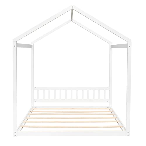 Merax Queen Size Wooden House Bed With Headboard, No Box Spring Needed, White #TOP5