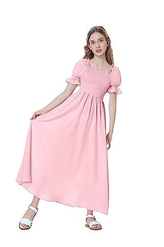 Mebius Girls Cottagecore Maxi Dress Smocked Puff Sleeve Square Neck Flowy Boho A-line Ruffle Short Sleeve Dresses 8-14Y2