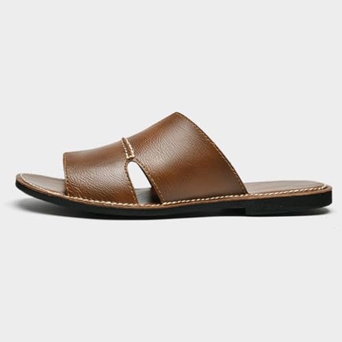 Men's Genuine Leather Flat Sandals Summer Classic Round Toe Slip-On Soft Sole Beach Walking Slippers2