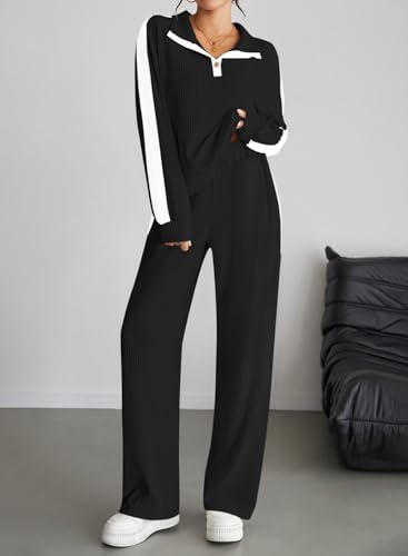 Pink Queen Womens 2 Piece Lounge Sets 2025 Fall Outfits Henley Neck Ribbed Striped Sweatsuits Matching Set2