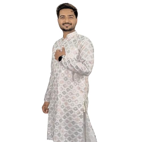 KNETLI Men's Cotton Embroidery Kurta Indian Festival Traditional Wear