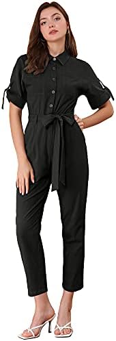 Allegra K Women's Short Sleeve Collared Cropped Coverall Button Down Tie Waist Cotton Cargo Jumpsuit X-Large Black