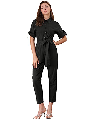 Allegra K Women's Short Sleeve Collared Cropped Coverall Button Down Tie Waist Cotton Cargo Jumpsuit X-Large Black #TOP3