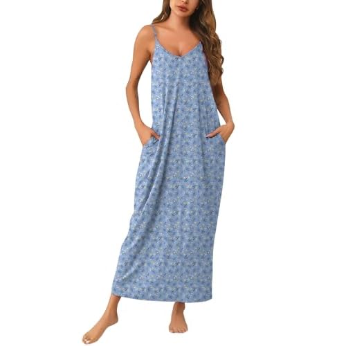 Marvmys Womens Cotton Long Nightgowns Spaghetti Strap V Neck Full Slip Sleep Shirts with Pockets Blue Floral Small