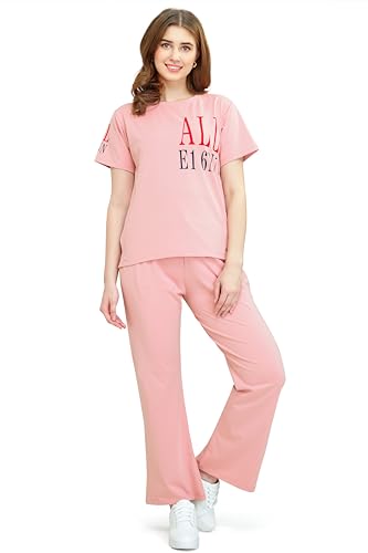 Image of ZEYO Women's Cotton Typography Wide Bottom Night Suit Set of Top & Pajama Set