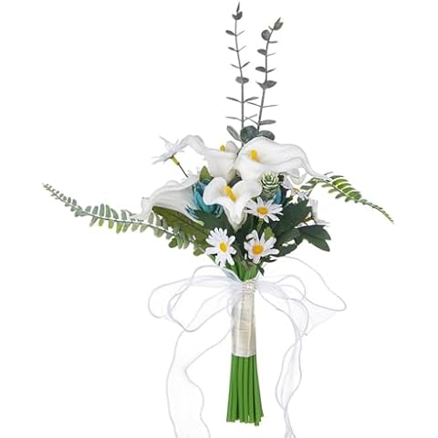 Jwqqwdza Silk Posy Calla Lily Wedding Bouquets for Bride Bridesmaid, Artificial Daisies Bride Flowers Bouquets, White Toss Bouquet (Flower Bouquet, 15.7" * 8.3") Cover