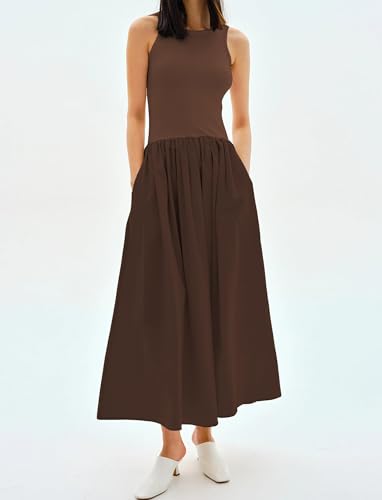 MISSACTIVER Crewneck Sleeveless Maxi Dress for Women Summer Flowy Patchwork Tank Top Long Dresses with Pockets4