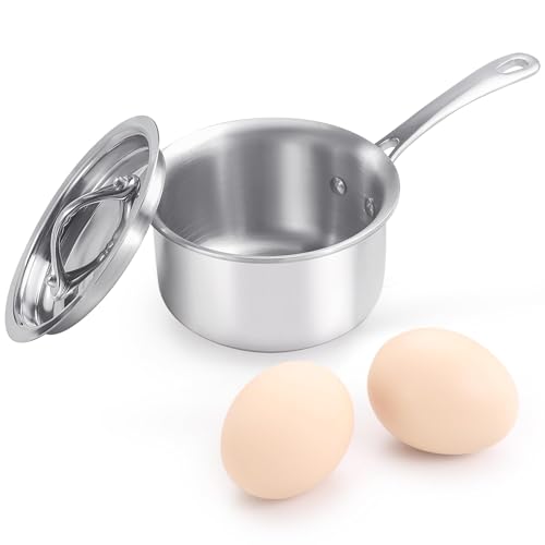 KC-Emier Mini Sauce Pan with Lid Tri-Ply Stainless Steel Pot with Stay-Cool Handle & All Cooktop Compatibility (Gas Ceramic Electric) - Silver