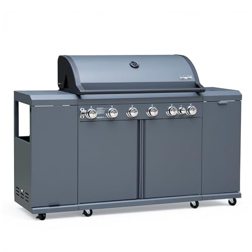 Brand-Man 6-Burner Gas Outdoor Kitchen Grill Island with Side Burner - 72,000 BTU Stainless Steel BBQ Grill Station with Storage Cabinets, Fold-out Prep Table, LPG/NG Convertible, Gray