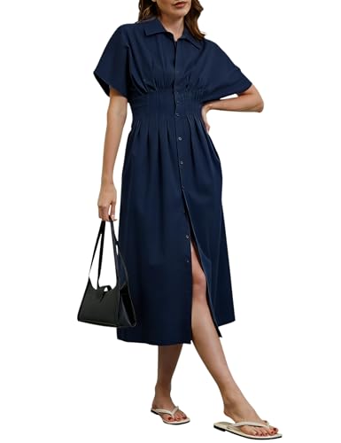 Image of MSBESYOR Women Button Front Pleated Shirt Maxi Dress Summer Striped Prints Short Sleeve Collar Casual Long Dresses Navy Blue