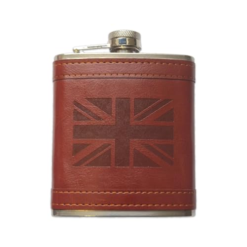 SAJAK 7oz Stainless Steel Hip Flask – PU Leather Wrapped with Union Jack Flag Engraving | Pocket Whisky Alcohol Flagon for Travel, Camping, BBQ, Wedding, Groomsmen & Souvenir Gift for Men & Women