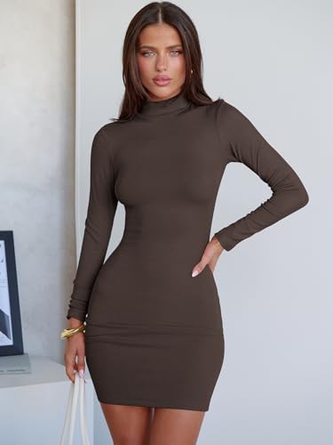 Image of ANRABESS Women Long Sleeve Mock Neck Bodycon Mini Dress 2026 Fall Ribbed Slim Fit Pencil Cocktail Club Night Dresses