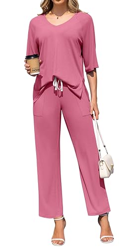 Image of difficort Outfits for Women 2025 Raglan Short Sleeve Lounge Sets Wide Leg Knit Loungewear with Pockets,Dark Pink,Large