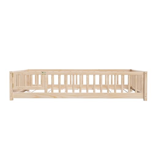 i-POOK Twin Floor Bed for Children, Sturdy Wood Montessori Bed Frame with Wood Slats, Fence & Door, Montessori Floor Bed for Girls and Boys, Natural