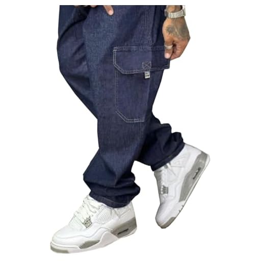 Calça Cargo Jeans Elástico E Cordão Na Cintura Bolsos Laterais (M, Azul-escuro)