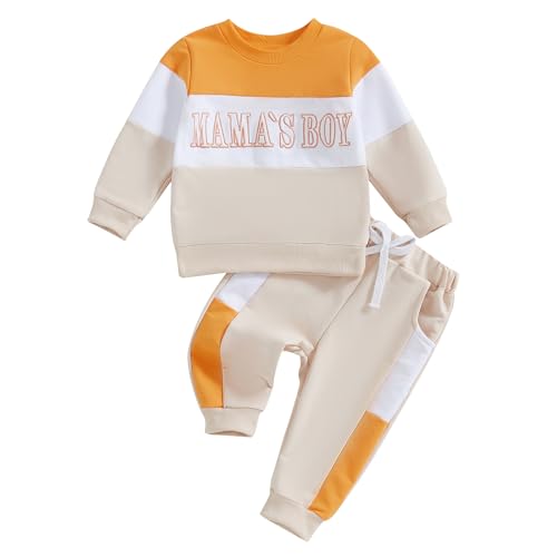 Image of XIXIMAON Mamas Boy Fall Clothes Set 2 Piece Baby Boy Color Block Jogger Set Long Sleeve Sweatshirt Pants Set 2pcs Toddler Boy Tracksuit Set (Khaki, 3-4 Years)