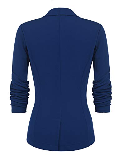 Beyove Women's Stretch 3/4 Gathered Sleeve Open Blazer Jacket Royal Blue L #TOP3