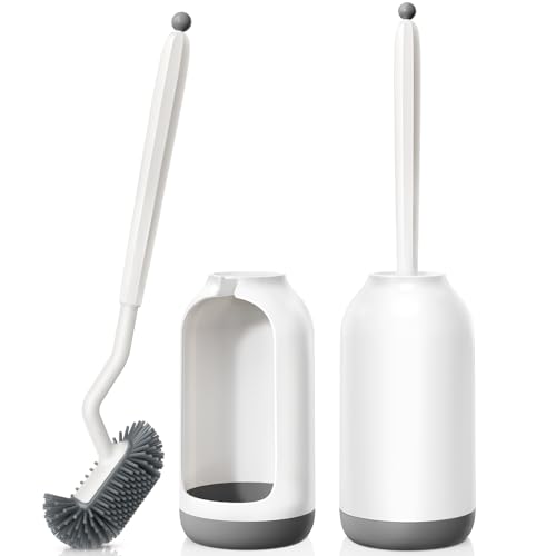 Image of HAMITOR Toilet Bowl Brush Holder Set: 2Pack Deep Cleaning Silicone Toilet Scrubber Under Rim with Curved Bristle for Bathroom Dead Corner Clean - Modern Rv Decorative Accessories