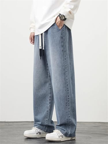 Men Wide Leg Jeans Plus Size Solid Color Drawstring Straight Denim Pants Baggy Jeans Trousers3
