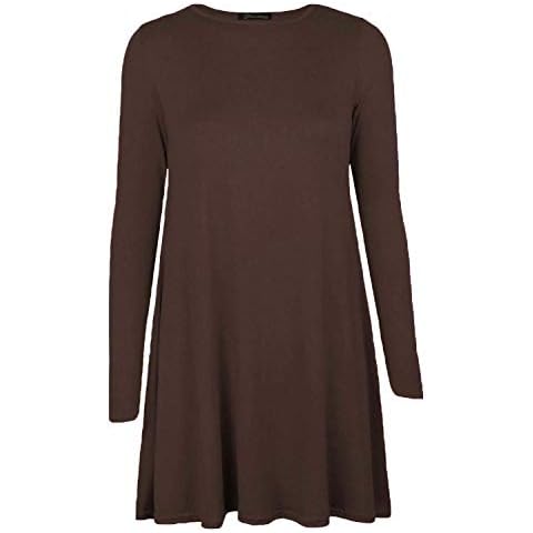 Red Olives Womens Ladies Plain Jersey Bang Tartan Print Long Sleeve Party A Line Skater Flared Swing Dress UK 8-26 (20-22, Brown) Cover