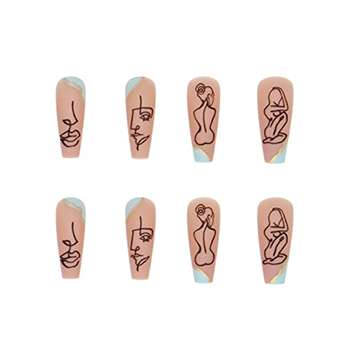 DANMANR Long Press on Nails Square French Fake Nails Full Cover Nude Acrylic False Nails for Women and Girls 24PCS (Light Blue)