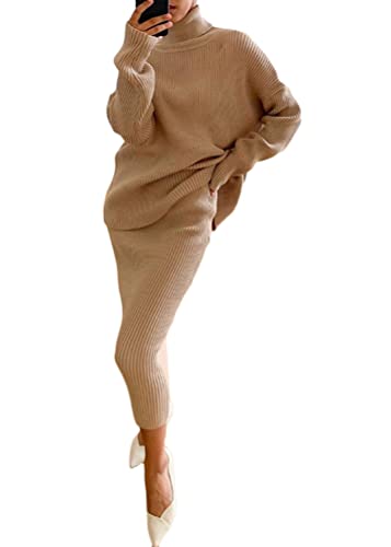 shownicer Damen Strickkleid Zweiteiliger Anzug Pullover Oberteil und Midi Strickrock Bodycon 2 Stück Set Maxikleid Rollkragen Pulloverkleid Winter...