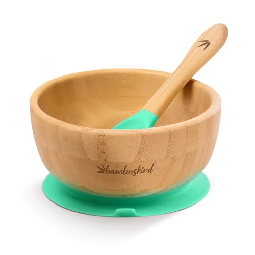 bambuskind Kinderschüssel mit Saugnapf grün, Inkl. Rezepte-Ebook,...