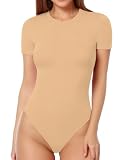 MANGOPOP Women's Round Neck Short Sleeve Bodysuit T Shirts Basic Body Suit Tops Nude M