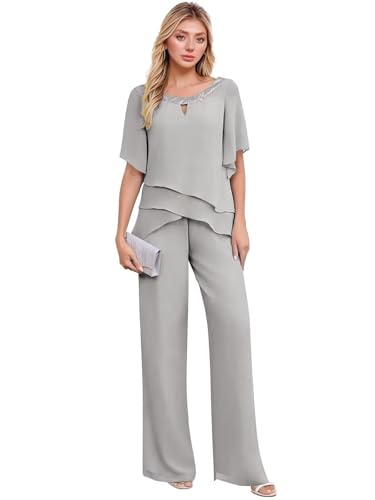 Roxanne Silver Short Sleeve Pant Suits for Wedding Guest Classy Chiffon Sequin Mother of the Bride Outfit Crew Neck Bridal Gown, US10