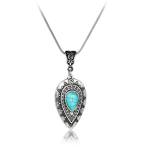 Pingyongchang Natural Turquoise Necklace Boho Bead Silver Cross Vintage Statement Pendant Necklace Handmade Turquoise Western Necklaces Jewelry for Women (W Drop)